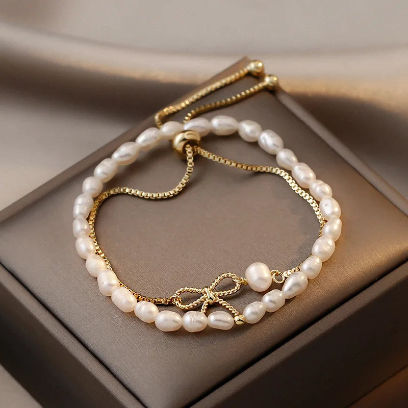 High Quality Fashion Bowknot 14K Gold Filled Natural Freshwater Pearl Two Piece Set Bracelet Jewelry