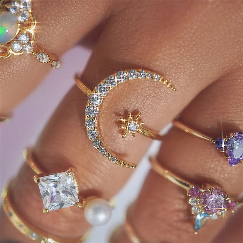 Star Moon Design Ring 925 Sterling