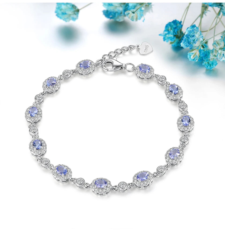 Natural Genuine Tanzanite Solid Sterling Silver Bracelets 2 Carats Rhodium Plated  S925 Classic