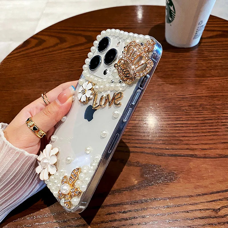 Luxury Bling Glitter Phone Case for Women, Rhinestone Crown, Pearl Flower Diamond, for Huawei P50Pro, P40, Honor 9X, 50, 60Pro