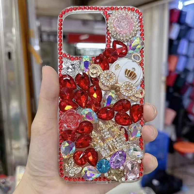 Handmade Crown Castle Pumpkin Car Rose Flower Case for Women, Sparkle Diamond, for Huawei P50Pro, P40, Honor 9X, 50, 60Pro