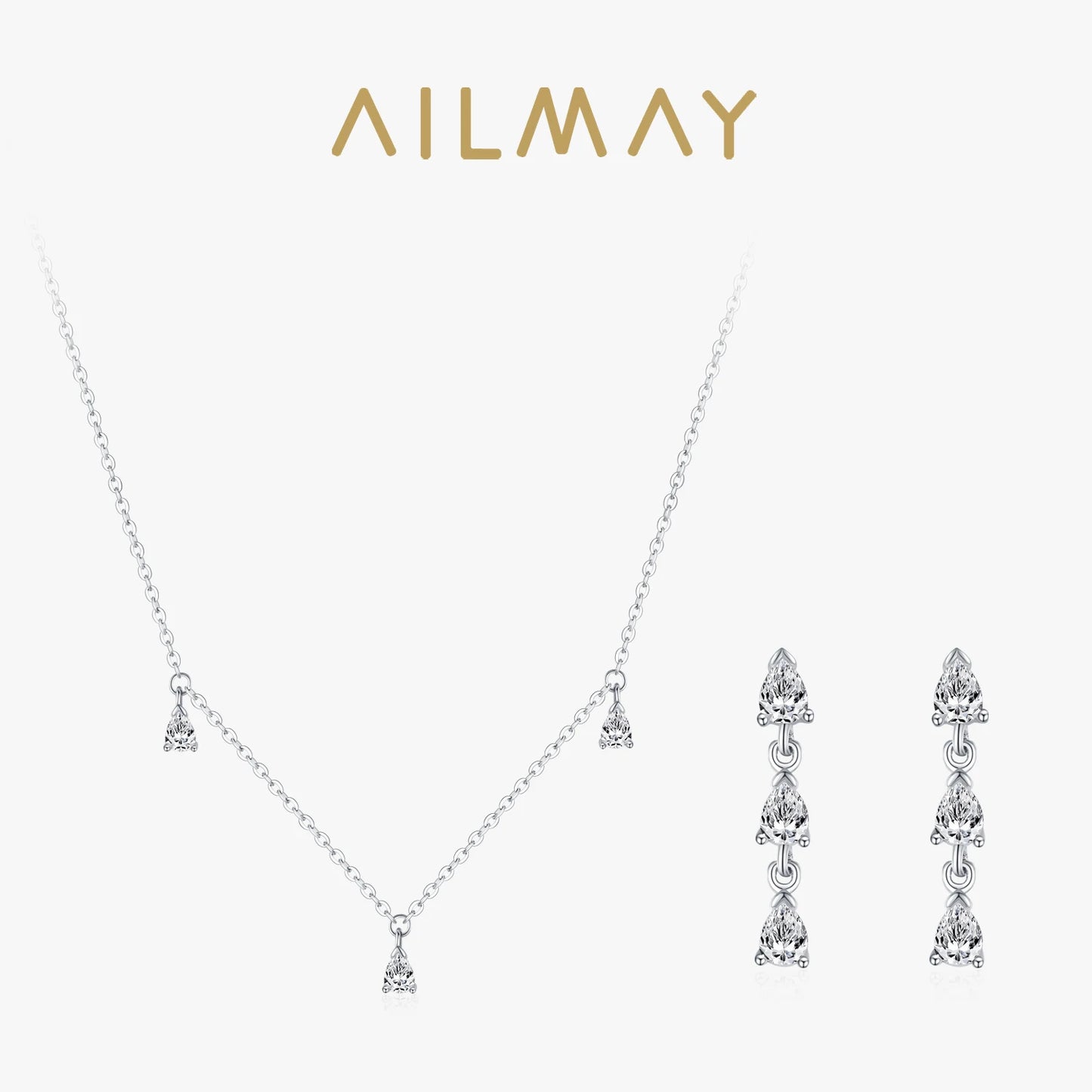 Ailmay 925 Sterling Silver Droplet Shaped Necklace Earring Jewelry Set For Women Wedding Engagement Jewelry Gift