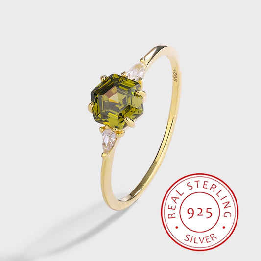 Fashionable and Creative 14K Gold Genuine S925 Silver Six-Prong Geometric Olive Green Jewelry Ring for Women