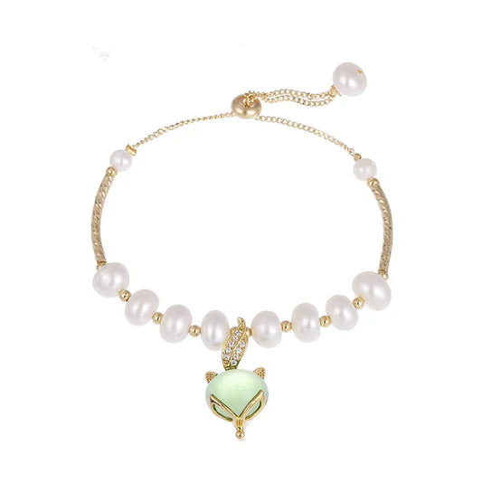 Sweet Little Fox Animal Green Crystal 14K Gold Filled Natural Freshwater Pearl Ladies Charm Bracelets Jewelry