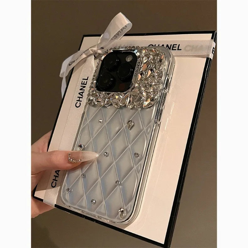 New iPhone 15 Ling Grid Pattern Phone Case with 14 Promax Luxury Handmade Rhinestones 13 12pro Anti Drop 11 Protective Cover