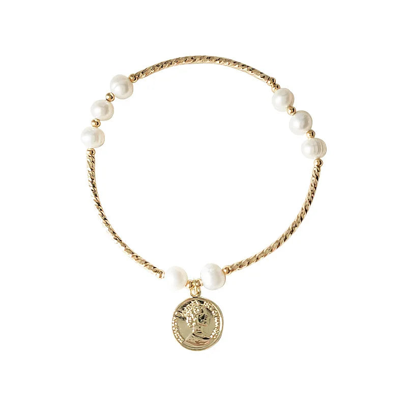 New Arrival Elegant Queen's Head Coin 14K Gold Filled Natural Freshwater Pearl Ladies Charm Bracelet