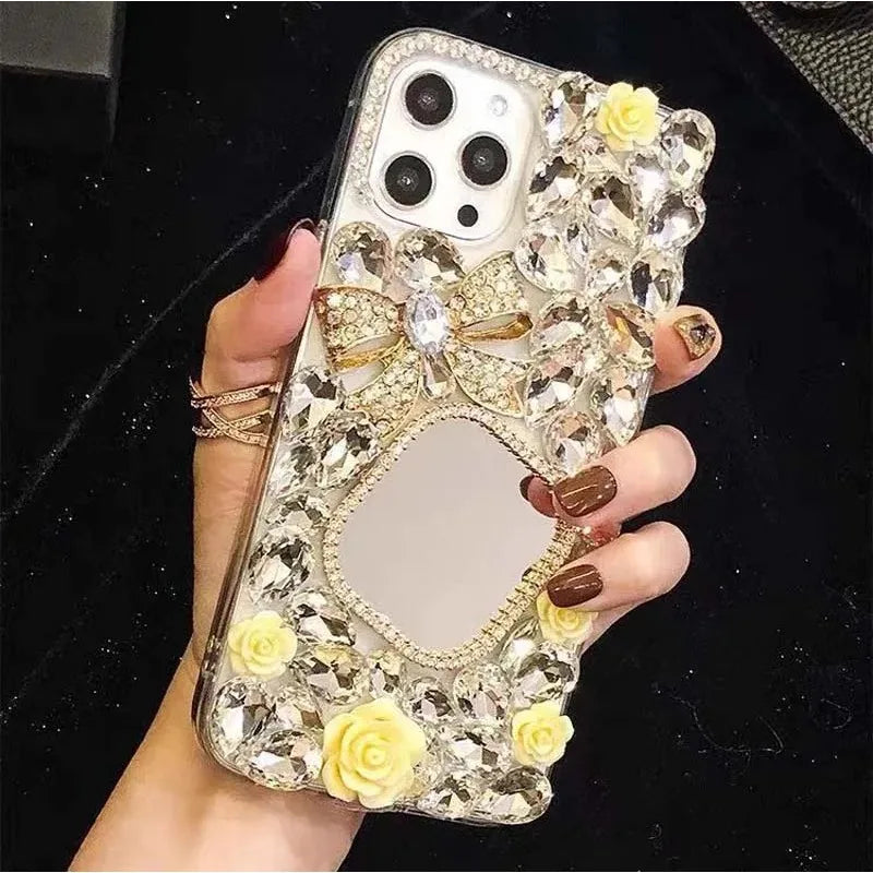 Hard TPU Back Cover Case for Huawei P50Pro, P40, Honor 50, 60Pro, Roses Decorate Diamonds, Mirror