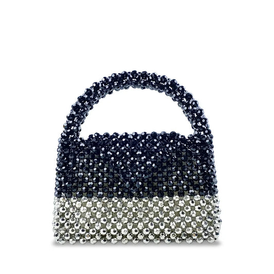 New Casual Style Versatile Black Silver Block Color Handmade Beaded Bag