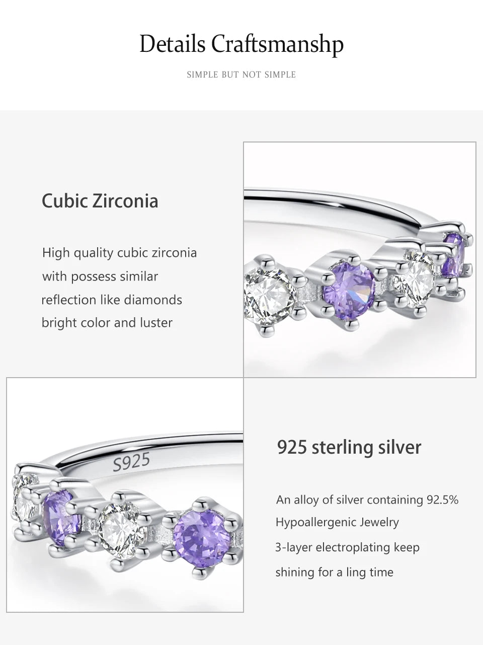 925 Sterling Silver  Luxury Vintage Purple Zircon