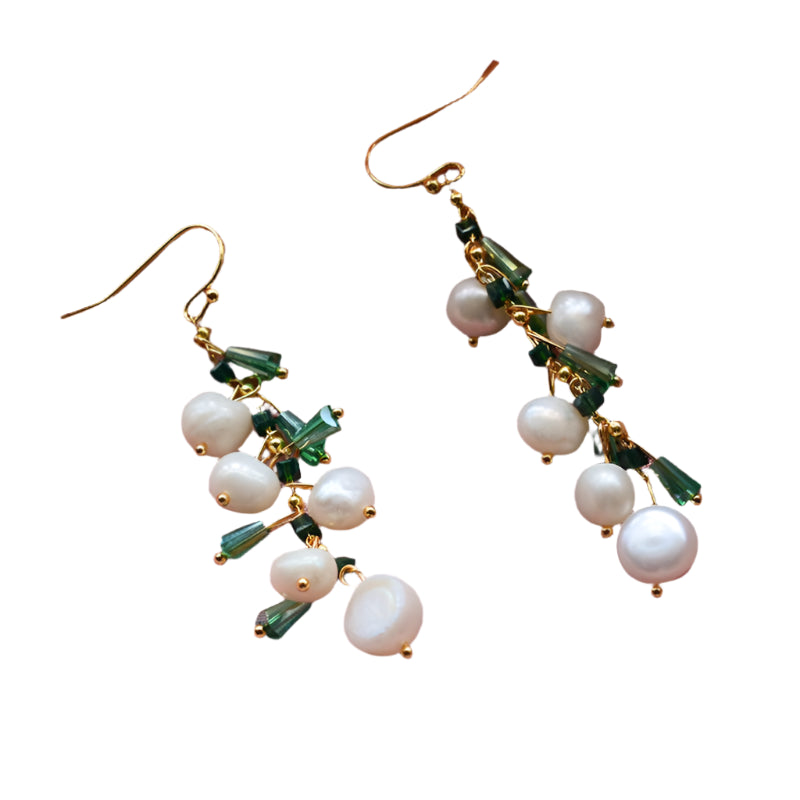 Trendy Green Crystal & Natural Freshwater Pearl 14K Gold Jewelry