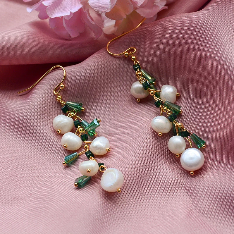 Trendy Green Crystal & Natural Freshwater Pearl 14K Gold Jewelry