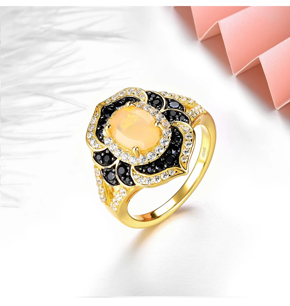 Natural Opal Black Spinel Silver Yellow Gold Plated Ring 2.5 Carats Genuine  Luxury