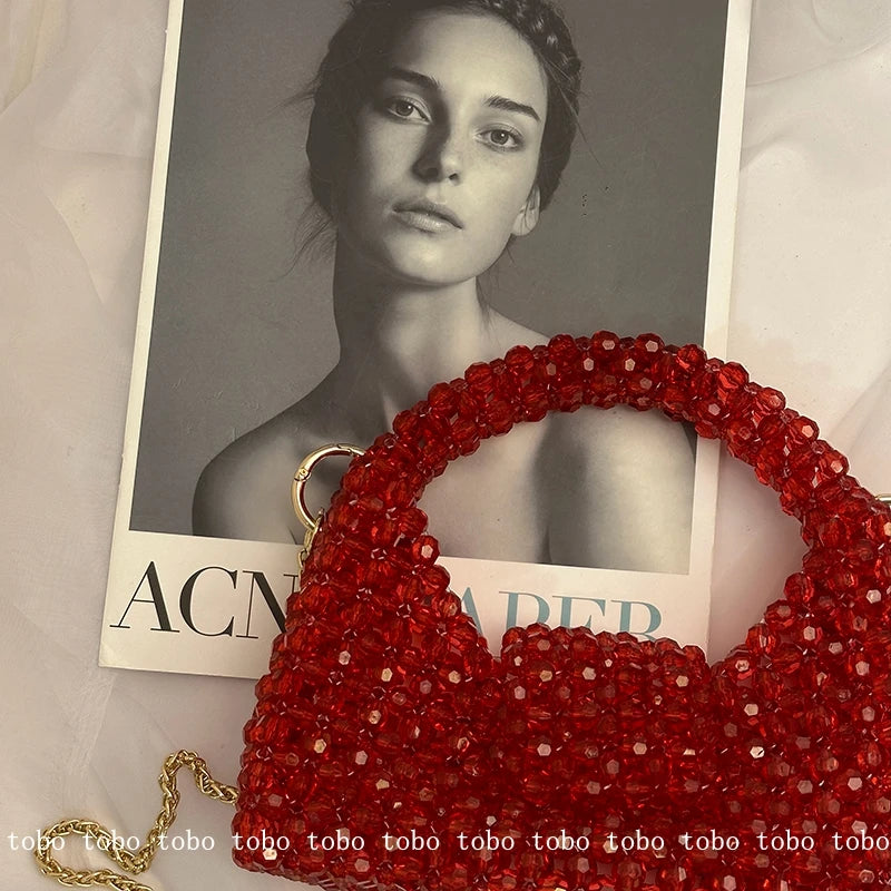 Original Red Half Moon Handbags Homemade Beade Woven Ladies Long Chain Bags Versatile Casual Retro Designer Party Bag