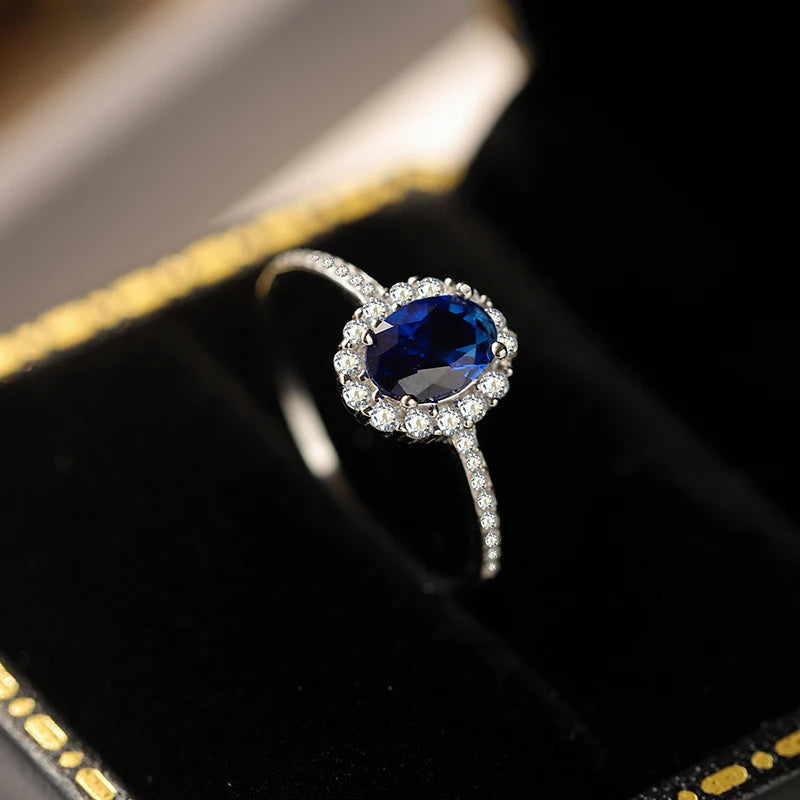 Fashionable High-end Authentic S925 Silver Four-claw Flower Round Oval Sapphire Geometric Engagement Bride Gift Jewelry