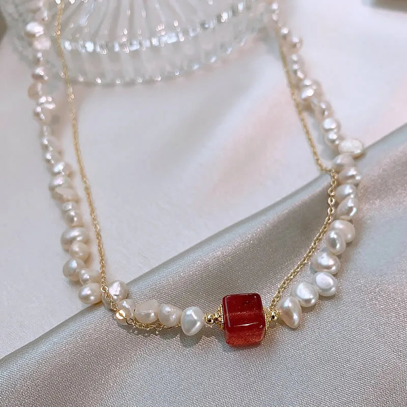 Elegant Natural Freshwater Pearl & Square Strawberry Quartz 14K Gold Necklace Jewelry