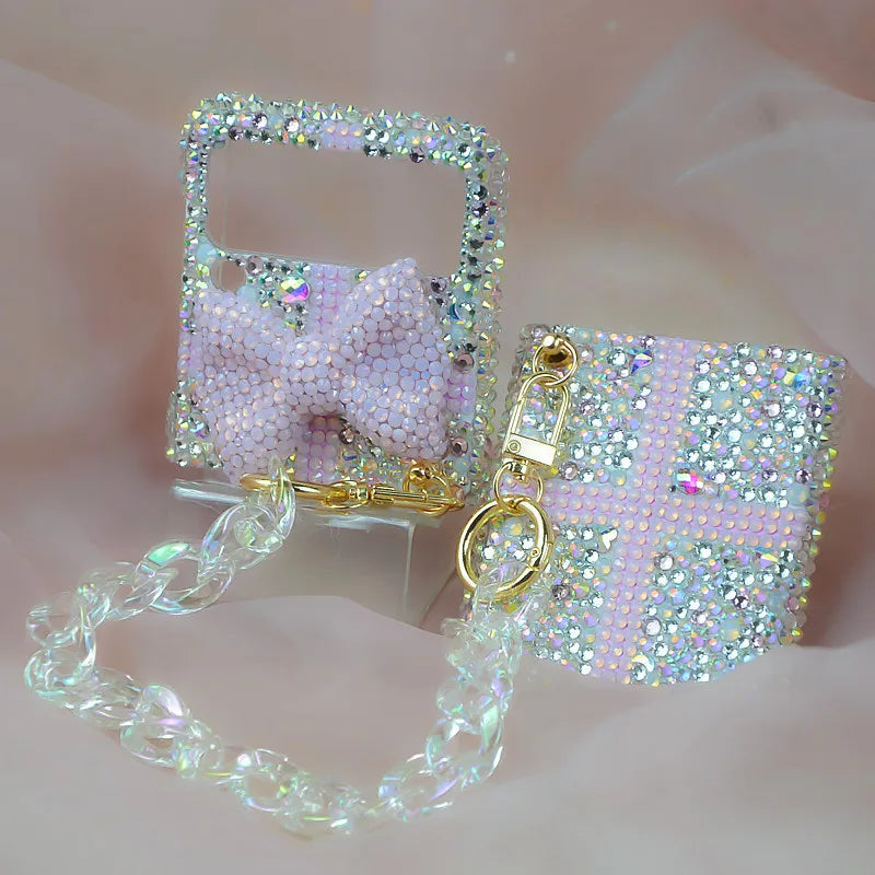 For Samsung Galaxy Z Flip 6 5 4 3 2 5G F7110 F7070 Luxury Rhinestones Crystal Shinny Cute Pearl Bow Phone Case Cover