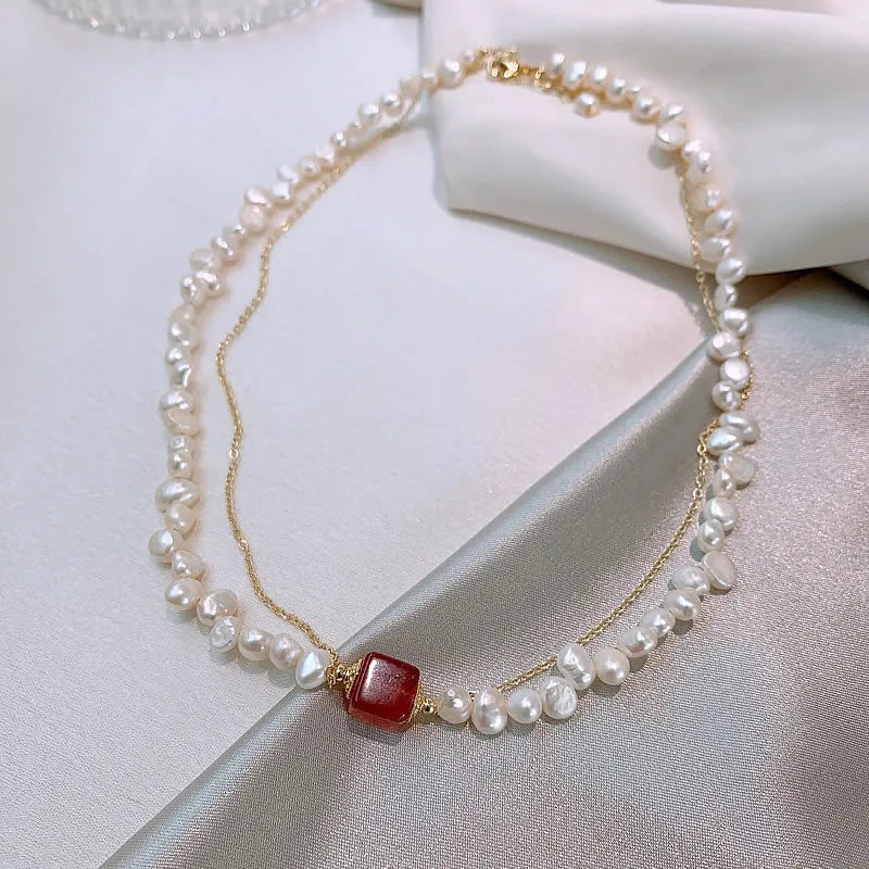 Elegant Natural Freshwater Pearl & Square Strawberry Quartz 14K Gold Necklace Jewelry