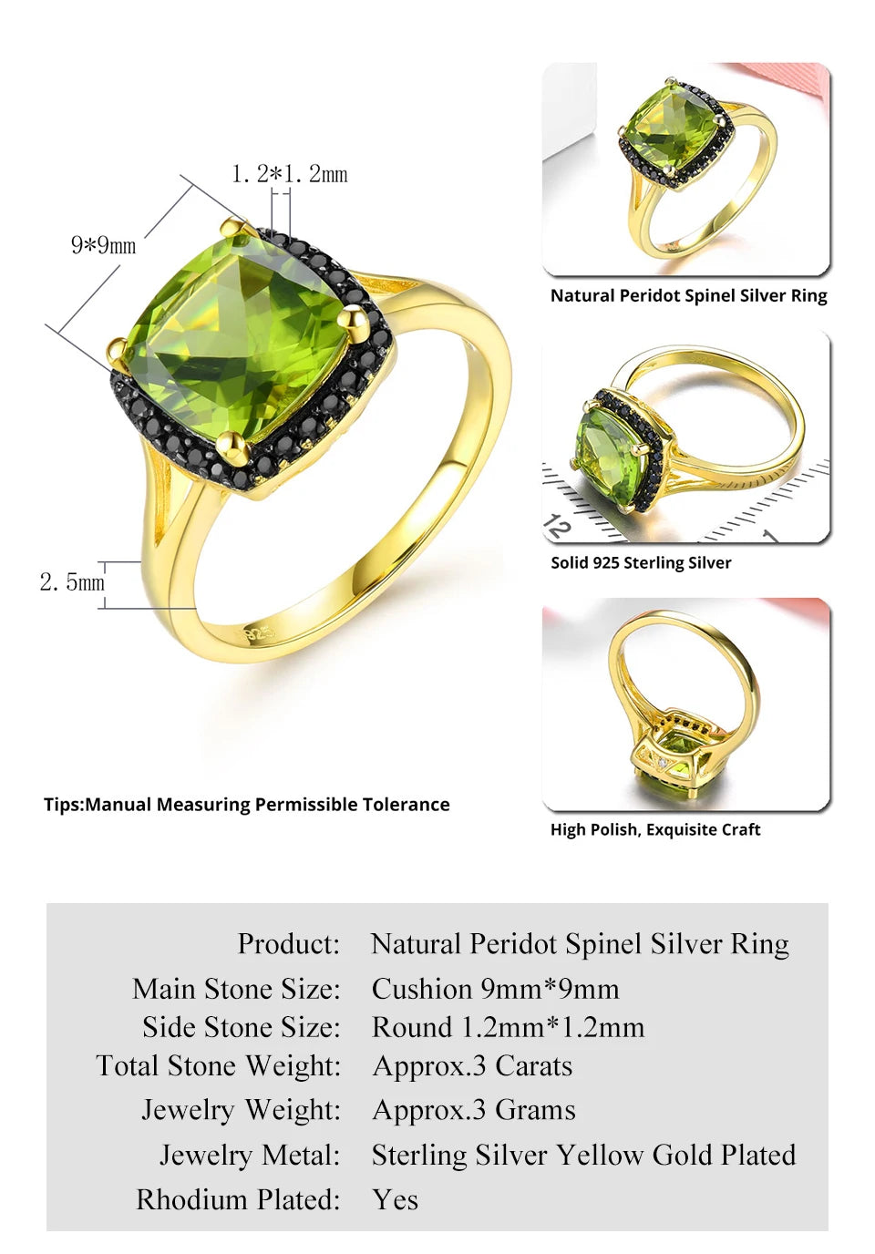 Natural Peridot Black Spinel Silver Yellow Gold Plated Ring 3 Carats Genuine Gemstone Speical Design Top Quality