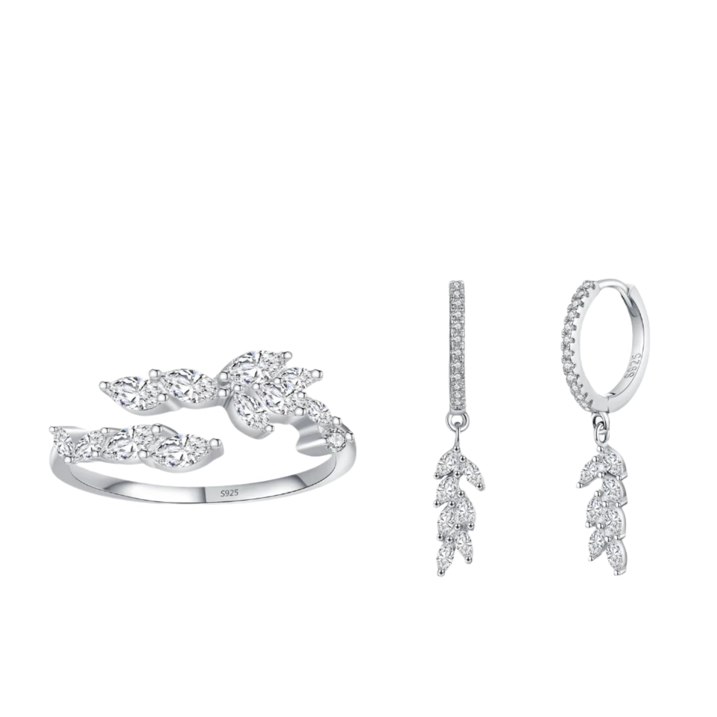 925 Sterling Silver Sweet Romantic Zircon Branch Small Leaf Jewelry Set