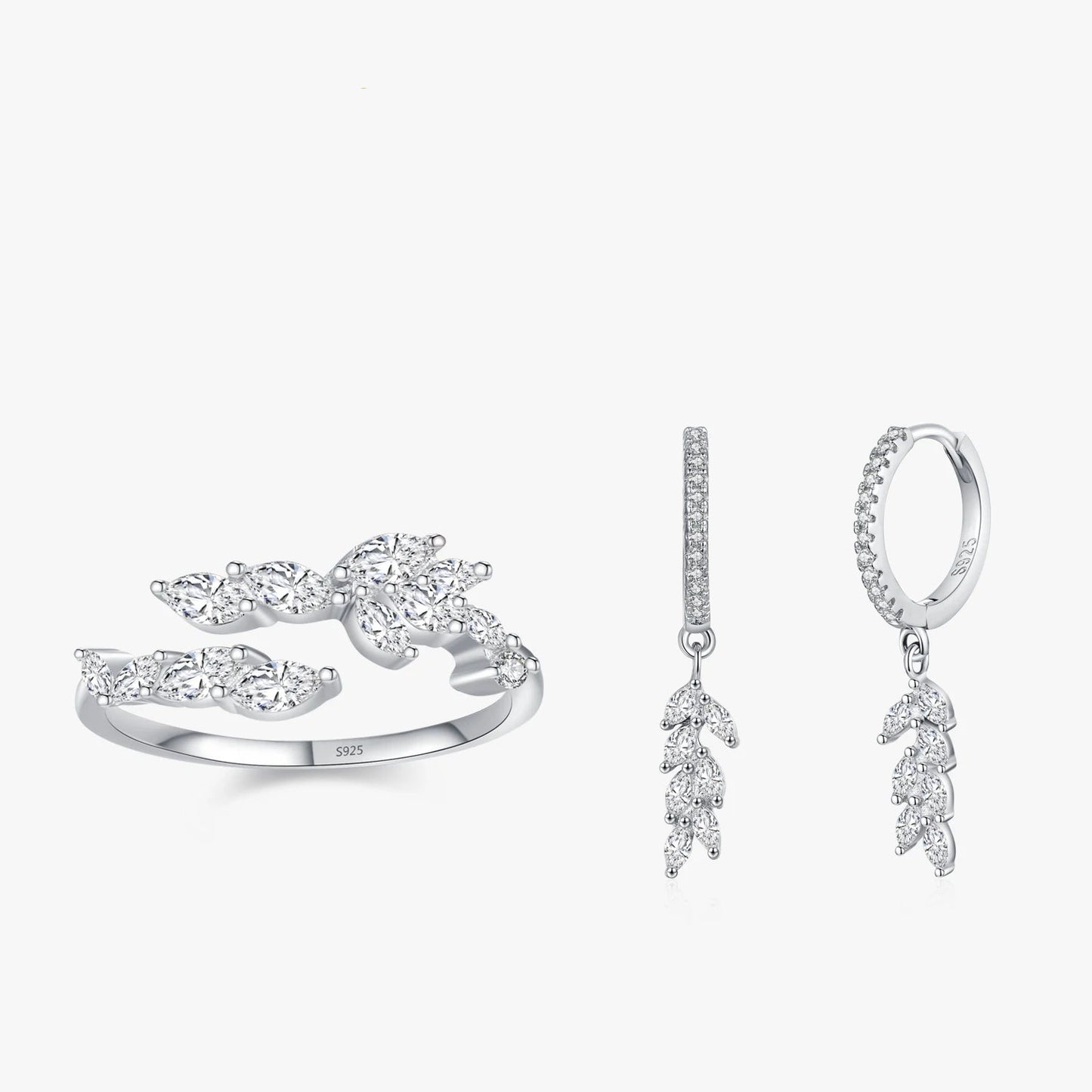 925 Sterling Silver Sweet Romantic Zircon Branch Small Leaf Jewelry Set