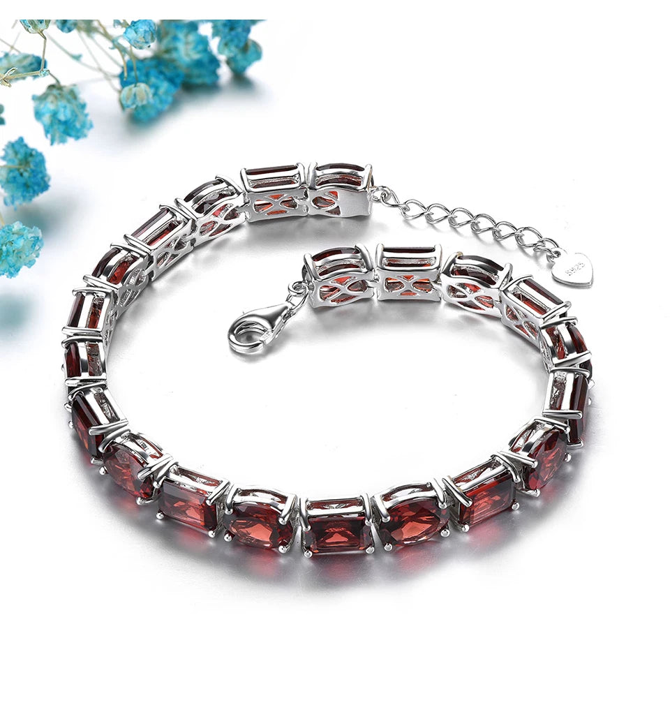 Natural Red Garnet Sterling Silver S925   Bracelet 38.5 Carats Genuine Gemstone Luxury Gorgerous