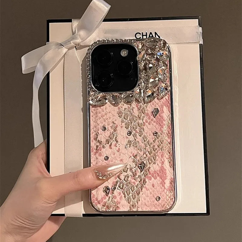 Bling Silver Diamond Glitter Phone Casing For iPhone 16 15 Pro Max 11 12 13 14 Pro Max Luxury Snake Leather Plating Back Cover