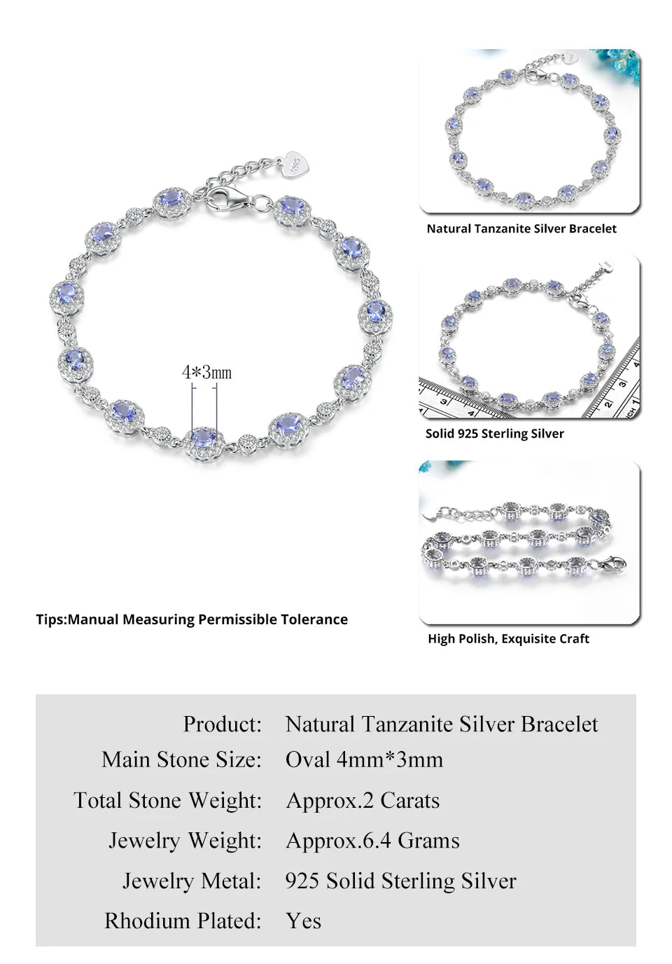 Natural Genuine Tanzanite Solid Sterling Silver Bracelets 2 Carats Rhodium Plated  S925 Classic