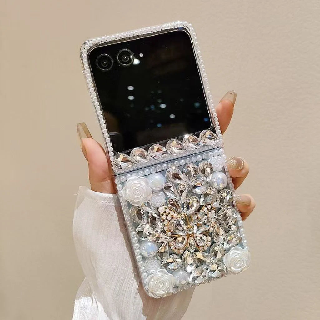 Luxury Crystal Pearl Elegant Butterfly Diamond Gems Strap Phone Case Cover For Samsung Galaxy Z FLIP 3 4 5 6 F7220 Flip6