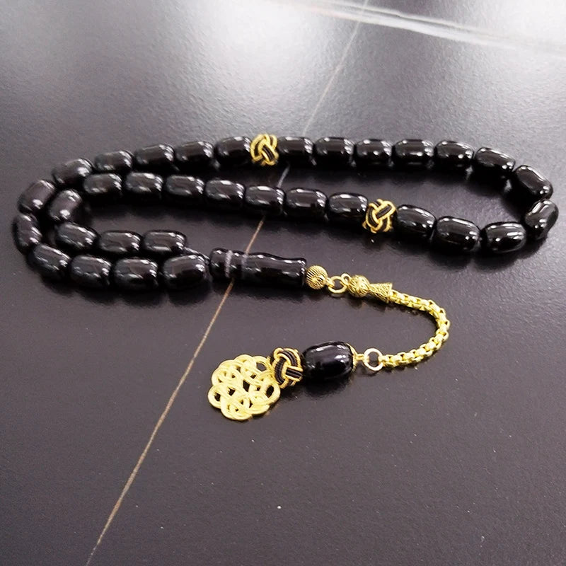 Tasbih natural black agate stone Barrel shape bracelet ramadan Gift Eid misbaha Braided  accessories metal design prayer beads