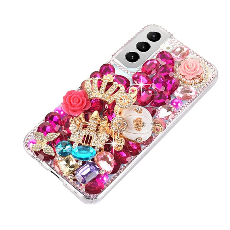 Handmade Crown Castle Pumpkin Car Rose Flower Case for Women, Sparkle Diamond, for Huawei P50Pro, P40, Honor 9X, 50, 60Pro