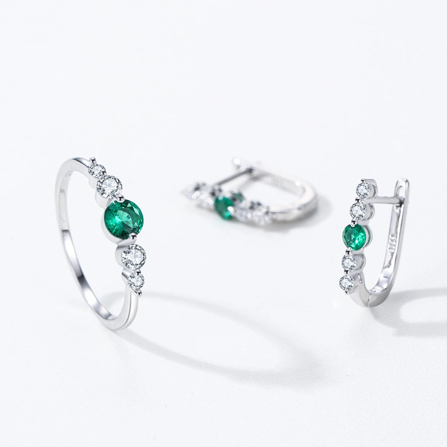 925 Sterling Silver Green Zircon Earrings Ring Sets