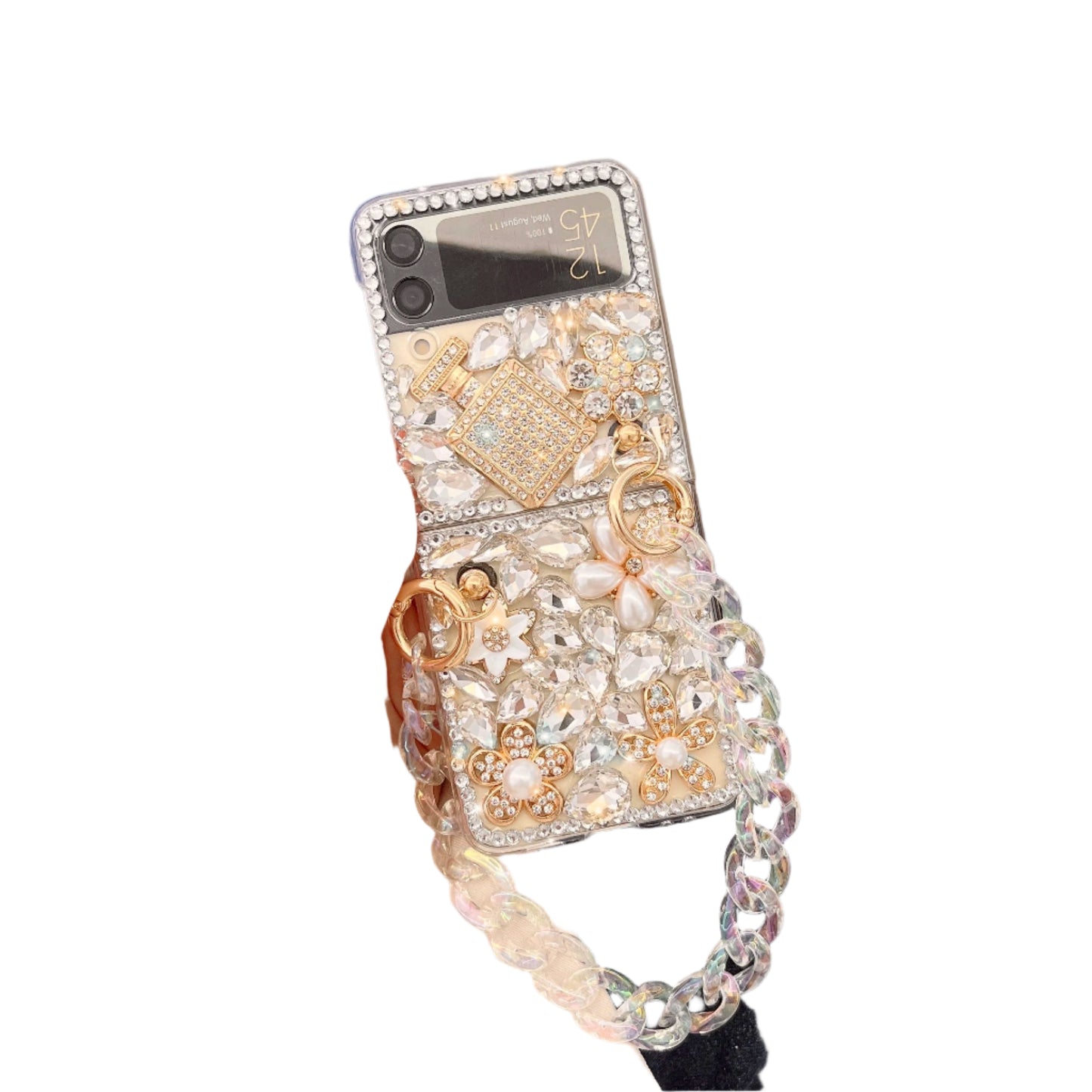 For Samsung Galaxy Z Flip 6 5 4 3 5G F7110 F7070 Rhinestones Crystal Pearl Gems Crown Flower Wrist Luxury Phone Case Cover