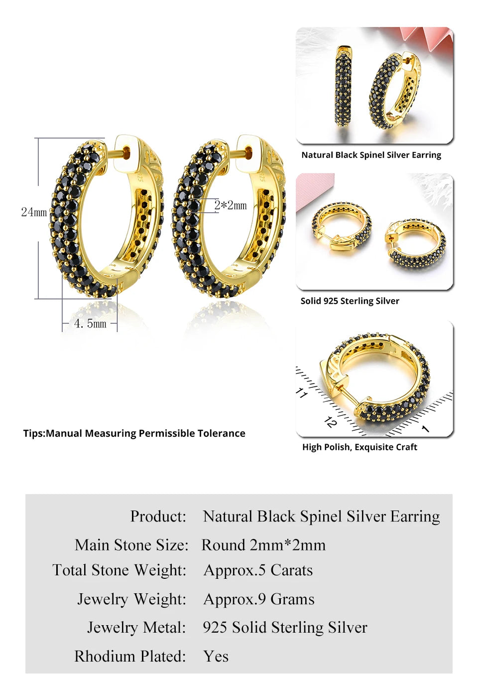 Natural Black Spinel Silver Hoop Earring S925 Yellow Gold  Spinel Classic Original Style Top Quality