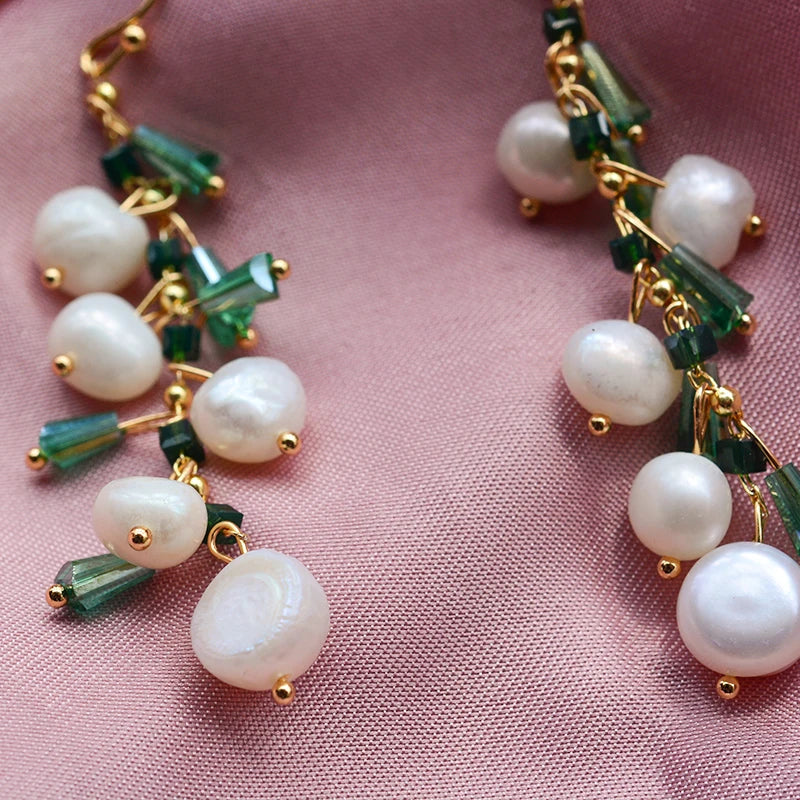 Trendy Green Crystal & Natural Freshwater Pearl 14K Gold Jewelry