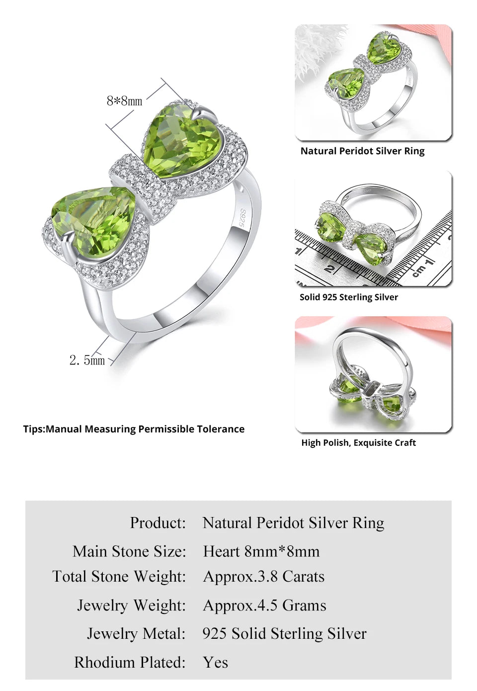 Natural Peridot Solid Sterling Silver Rings 3.8 Carats Genuine Birthstone Romantic Elegant Fine Jewelrys S925 Design