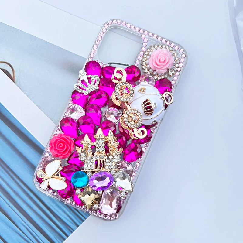 Handmade Crown Castle Pumpkin Car Rose Flower Case for Women, Sparkle Diamond, for Huawei P50Pro, P40, Honor 9X, 50, 60Pro