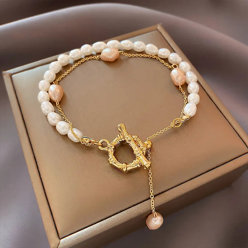 Fashion Simple Design Natural Freshwater Pearl 14K Gold Filled Ladies Double Bracelet Jewelry