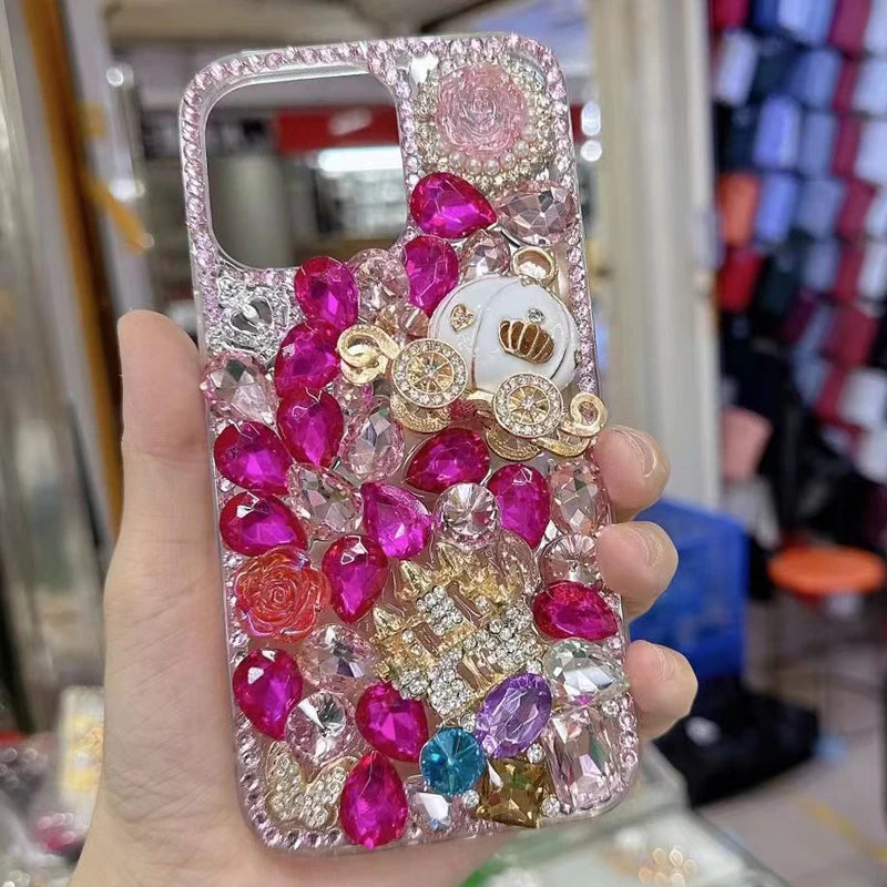 Handmade Crown Castle Pumpkin Car Rose Flower Case for Women, Sparkle Diamond, for Huawei P50Pro, P40, Honor 9X, 50, 60Pro