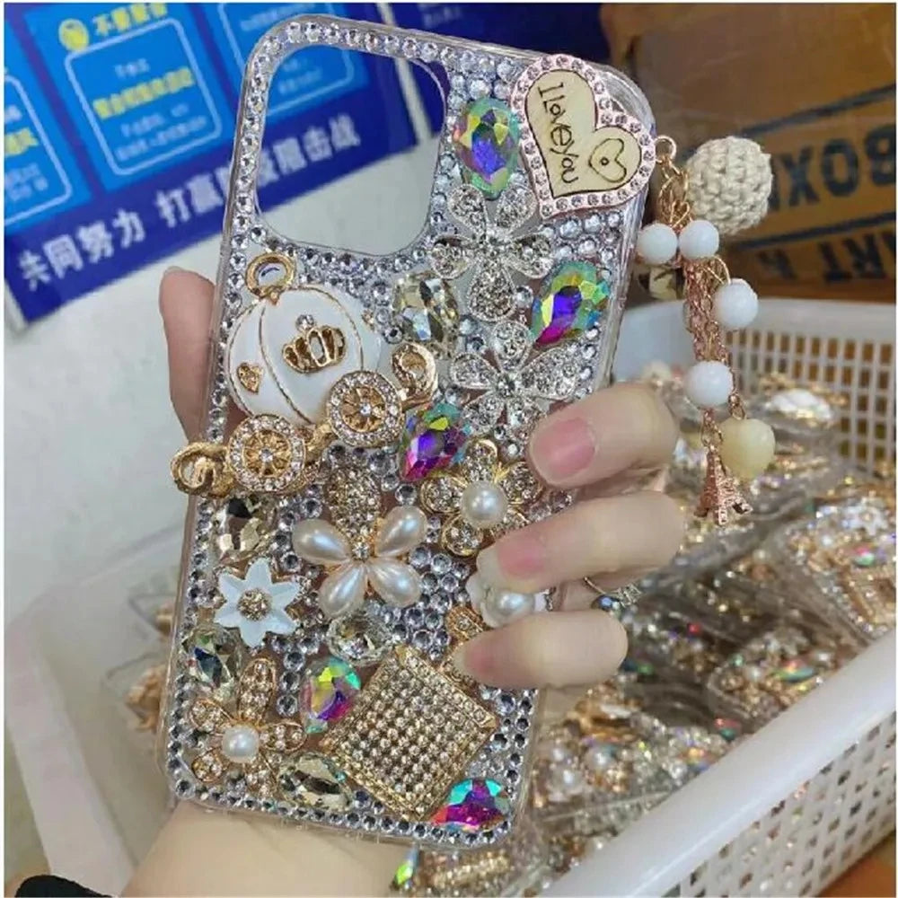 Sparkling Rhinestone Jewelry Phone Case with Strap, 3D Diamond, Luxury, for Huawei P50 P60 Pro Mate 50 60 Honors 80 90 100 Pro