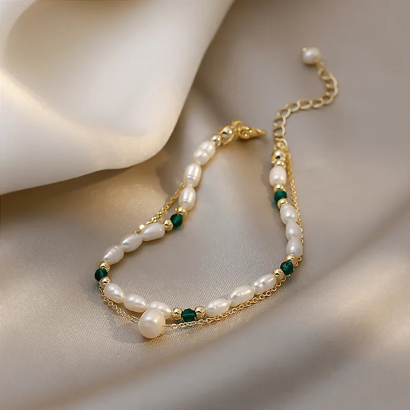 New Arrival Trendy Contrast Stitched Double-layer Bracelet Natural Freshwater Pearl 14K Gold Filled