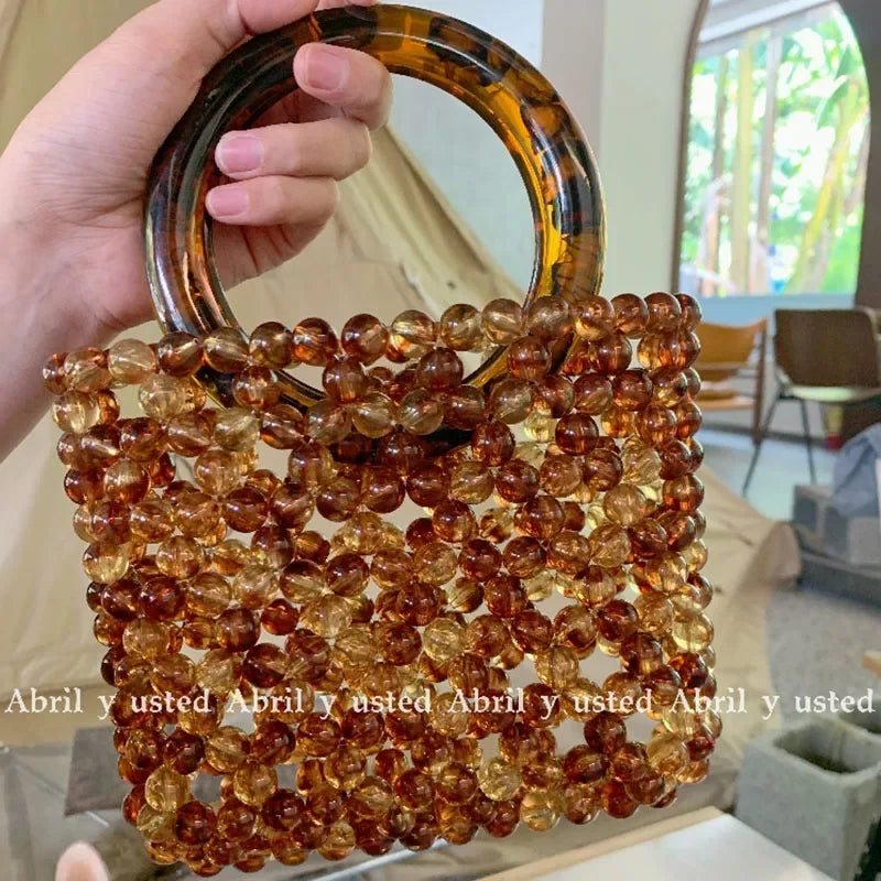 Women's Fashion High Grade Ins Handbag Retro Amber Crystal Bag Sac A Main Handwoven Custom Beaded Bags 2024 New сумка из бусин