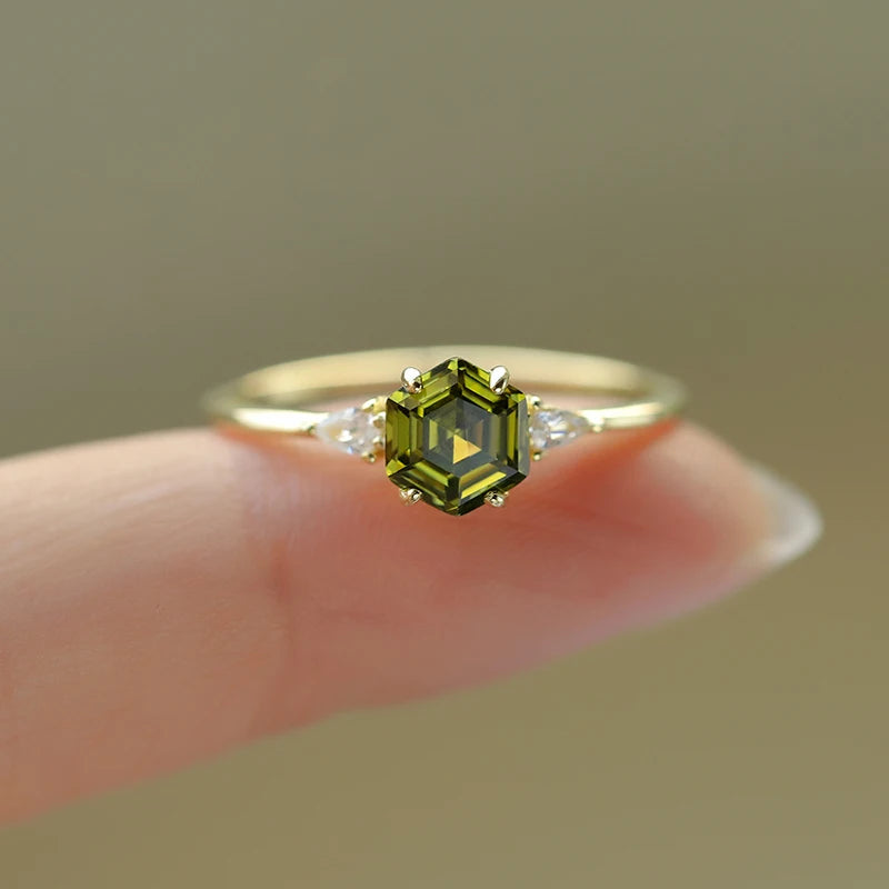 Fashionable and Creative 14K Gold Genuine S925 Silver Six-Prong Geometric Olive Green Jewelry Ring for Women