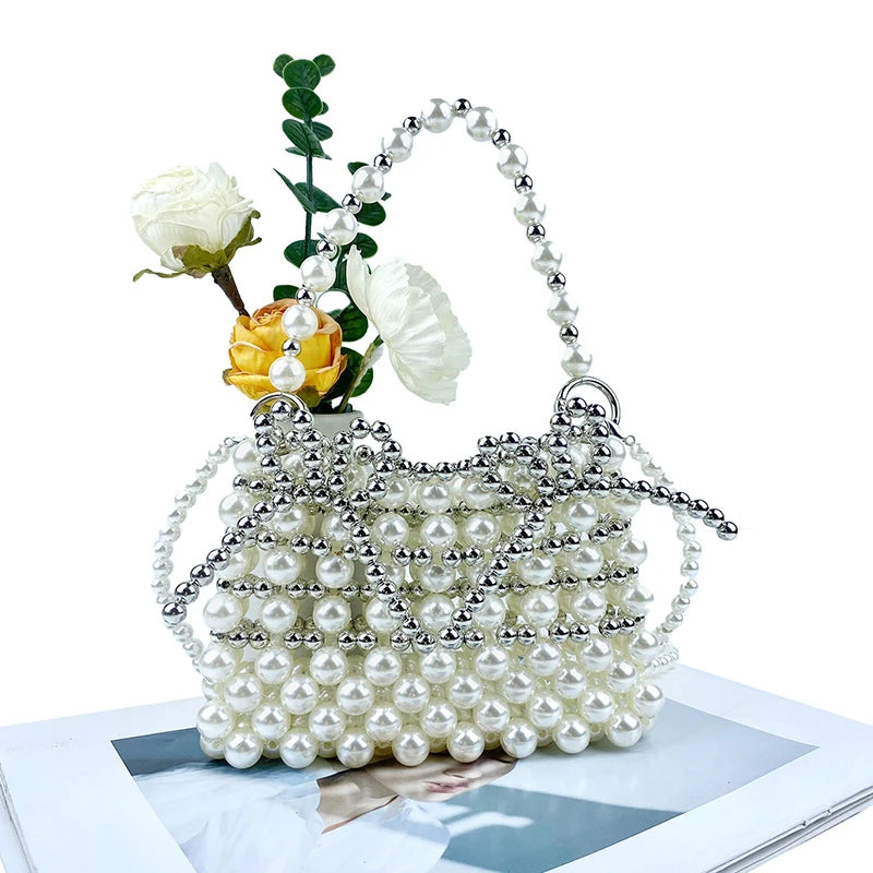 Western style Hollow Woven Pearl Bag Silver Bow Handheld Small Bag Fashionable Commuter Crossbody Bag Handmade Bag