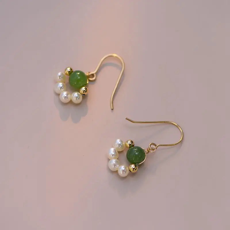 100% Natural Baroque Freshwater Pearl & Jade Stone 14K Gold Filled Ladies Drop Earrings Not Allergic