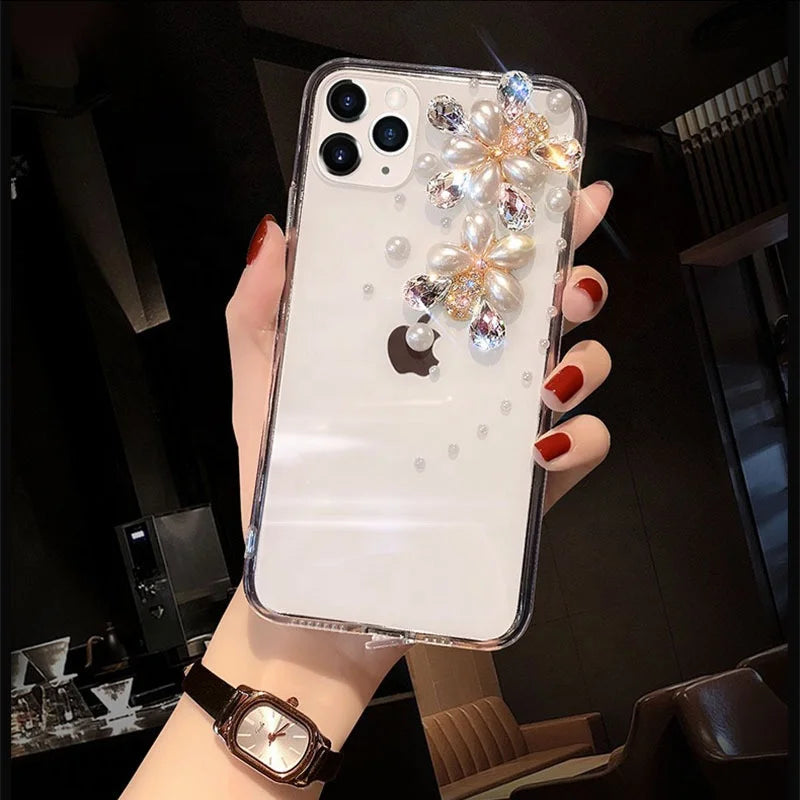 Luxury Bling Glitter Phone Case for Women, Rhinestone Crown, Pearl Flower Diamond, for Huawei P50Pro, P40, Honor 9X, 50, 60Pro