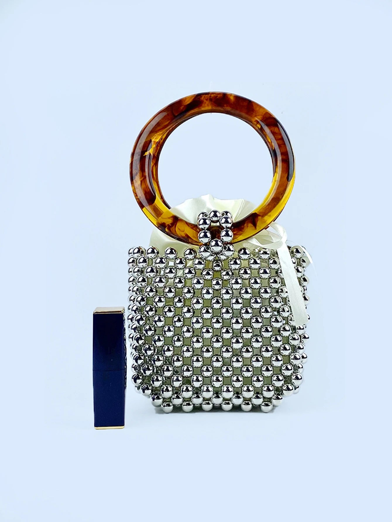 new niche designs, high-end textured beaded woven bead bag, circular ring portable bucket bag