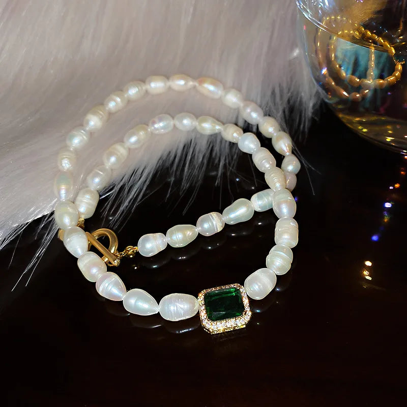 100% Natural Freshwater Pearl Trendy Green Square Crystal 14K Gold