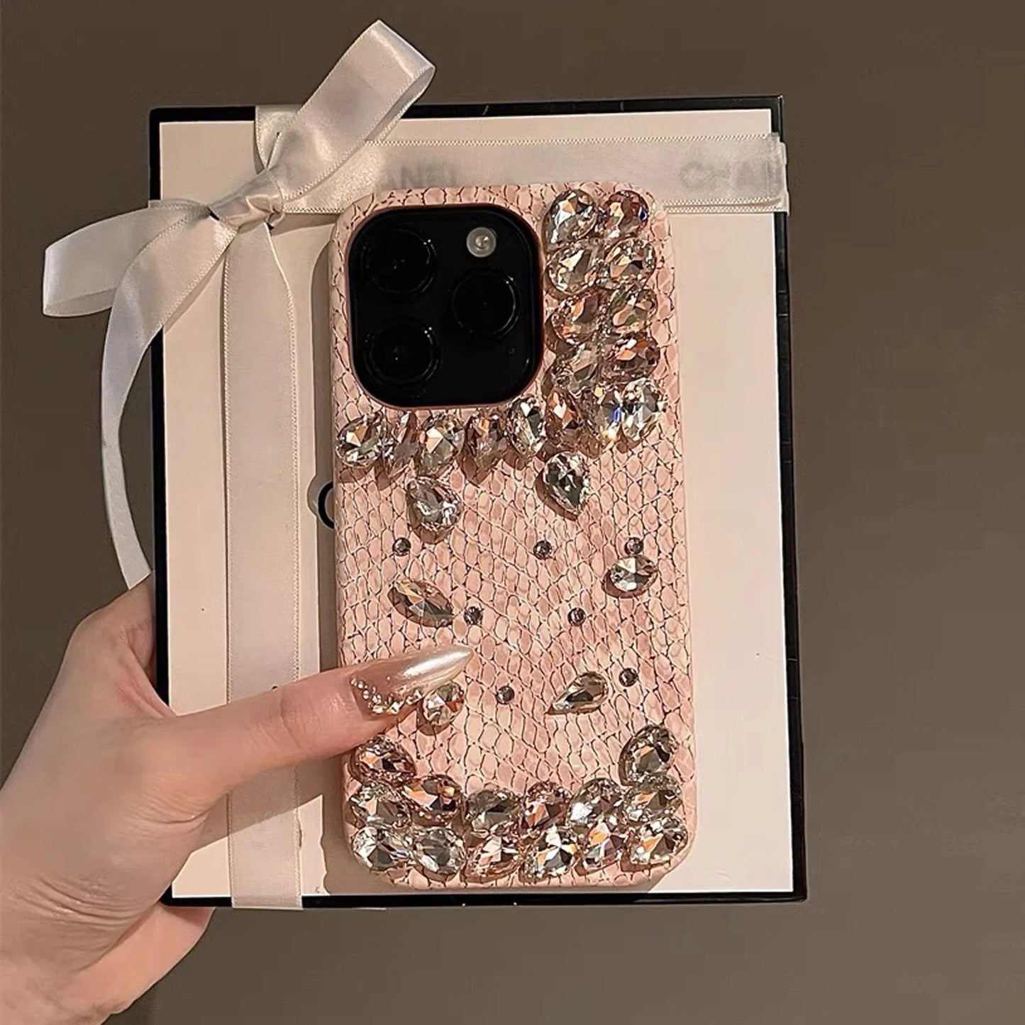 Snake-Print Skin Rhinestone Phone Case For iPhone 16 15 14 13 12 11 Pro Max Fall-Proof Luxury Girl Phone Case