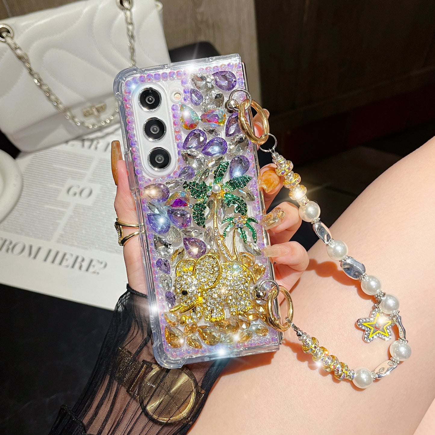 For Samsung Galaxy Z Fold 6 5 4 3 Luxury Cute Pearl Diamond Crystal Tree Wrist Strap Glitter Candy Wrist Phone Case Cover