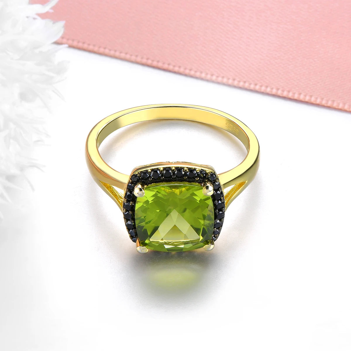 Natural Peridot Black Spinel Silver Yellow Gold Plated Ring 3 Carats Genuine Gemstone Speical Design Top Quality